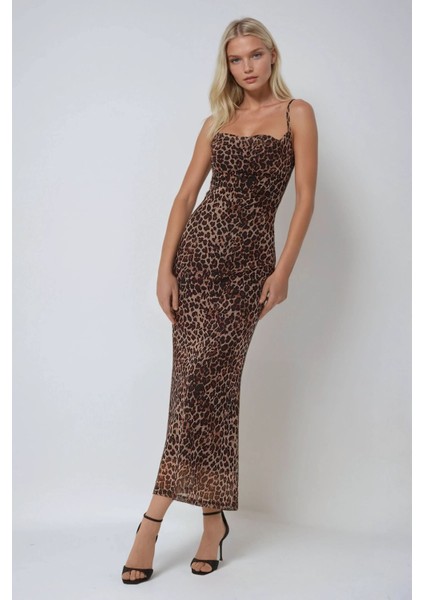 Kadın Desenli Askılı Bodycon Maxi Elbise Brown fiyatları