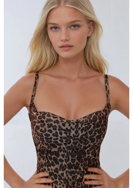 Kadın Desenli Askılı Bodycon Maxi Elbise Brown modelleri