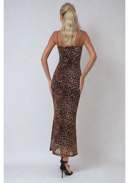 Kadın Desenli Askılı Bodycon Maxi Elbise Brown fırsatları