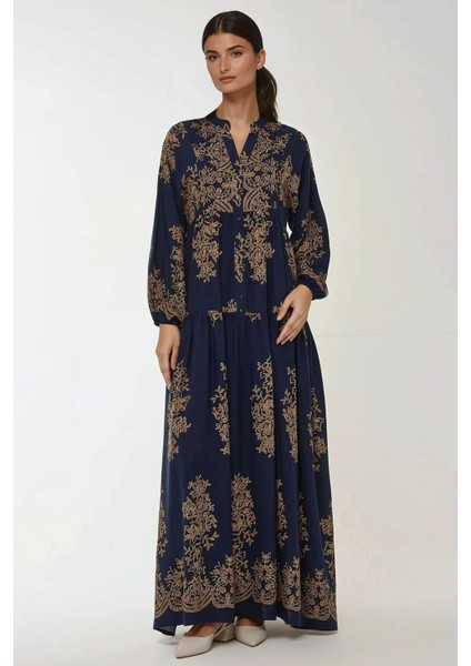 Kadın Baskılı Uzun Kol Viskon Modest Elbise Blue