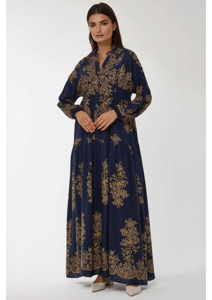 Kadın Baskılı Uzun Kol Viskon Modest Elbise Blue