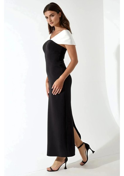 Kadın Kalp Yaka Renk Bloklu Maxi Elbise Siyah fiyatları