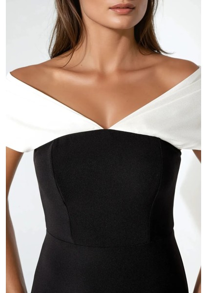 Kadın Kalp Yaka Renk Bloklu Maxi Elbise Siyah fırsatları