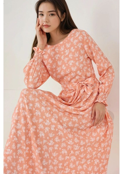 Kadın Çiçek Desenli Uzun Kol Örme Modest Elbise Pink fiyatları