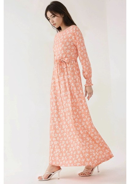Kadın Çiçek Desenli Uzun Kol Örme Modest Elbise Pink fırsatları