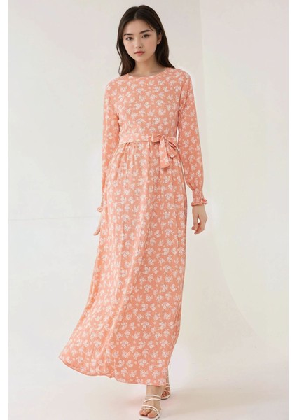 Kadın Çiçek Desenli Uzun Kol Örme Modest Elbise Pink indirimleri