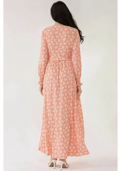 Kadın Çiçek Desenli Uzun Kol Örme Modest Elbise Pink