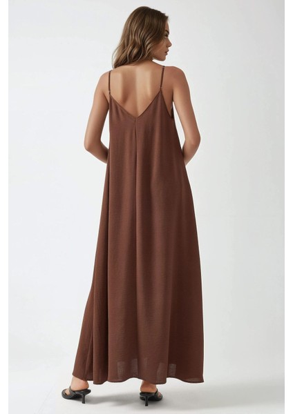 Kadın V -Yaka A-Form Maxi Elbise Mocha Kahvesi modelleri