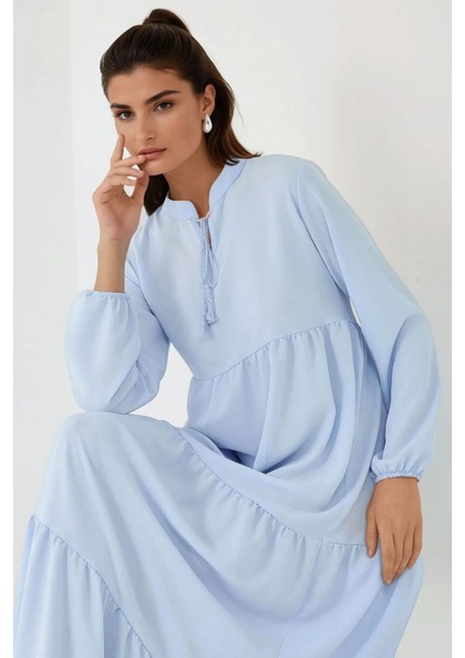 Kadın Düğmeli Desenli Kısa Modest Elbise Blue
