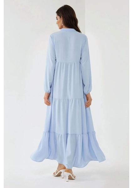 Kadın Düğmeli Desenli Kısa Modest Elbise Blue fırsatları