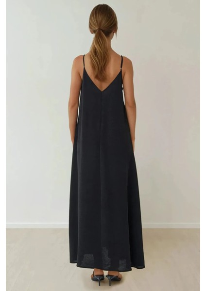 Kadın V -Yaka A-Form Maxi Elbise Black