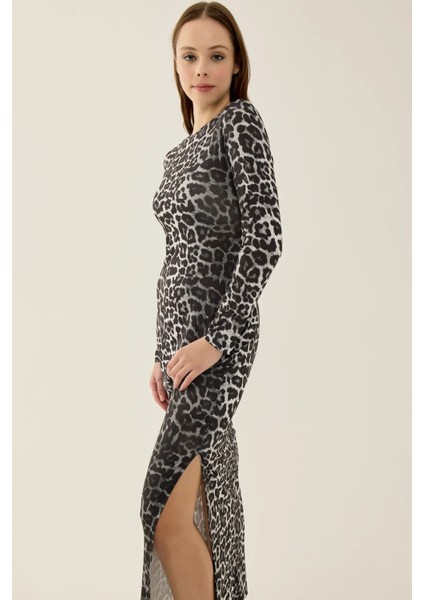 Kadın Yırtmaçlı Leopar Desenli Maxi Elbise Black fiyatları