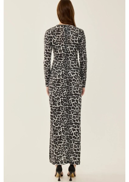 Kadın Yırtmaçlı Leopar Desenli Maxi Elbise Black indirimleri