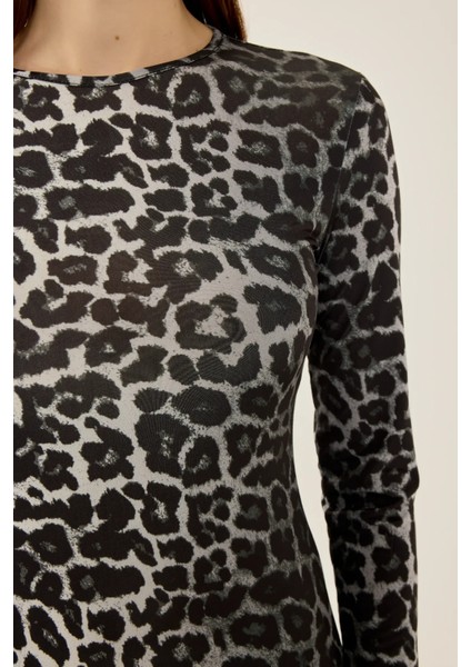 Kadın Yırtmaçlı Leopar Desenli Maxi Elbise Black