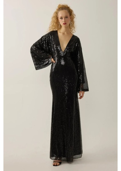 Kadın Payetli Derin V Yaka Maxi Elbise Black modelleri
