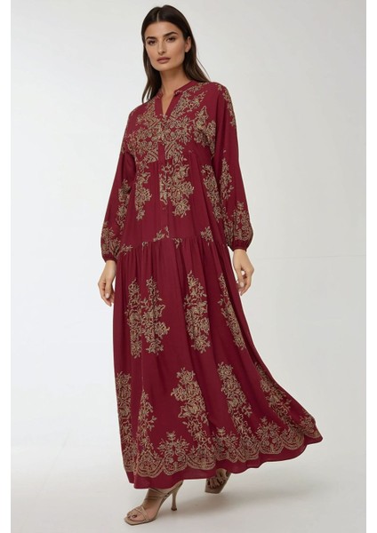 Kadın Baskılı Uzun Kol Viskon Modest Elbise Kırmızı