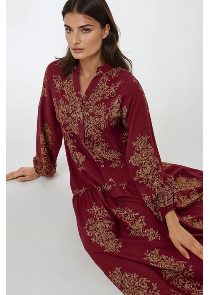 Kadın Baskılı Uzun Kol Viskon Modest Elbise Kırmızı fiyatları