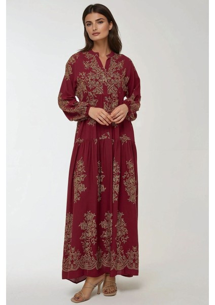 Kadın Baskılı Uzun Kol Viskon Modest Elbise Kırmızı modelleri