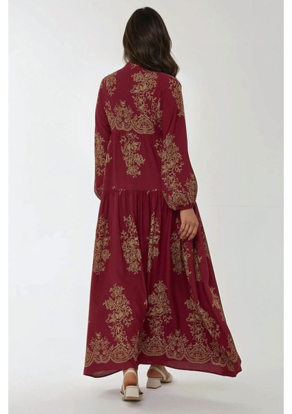 Kadın Baskılı Uzun Kol Viskon Modest Elbise Kırmızı fırsatları