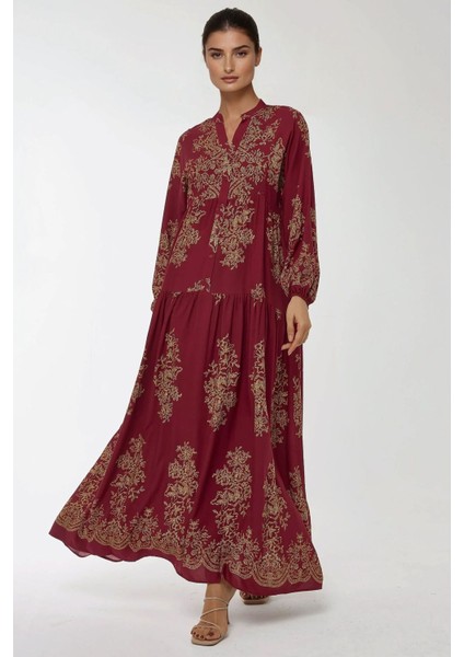 Kadın Baskılı Uzun Kol Viskon Modest Elbise Kırmızı indirimleri