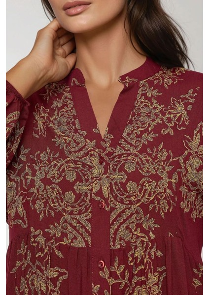 Kadın Baskılı Uzun Kol Viskon Modest Elbise Kırmızı