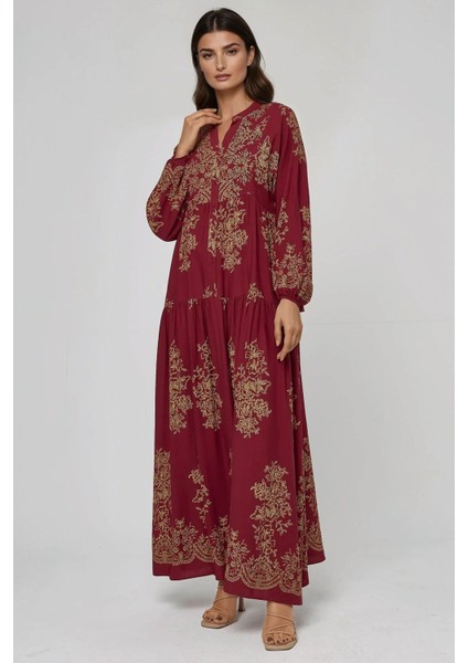 Kadın Baskılı Uzun Kol Viskon Modest Elbise Kırmızı