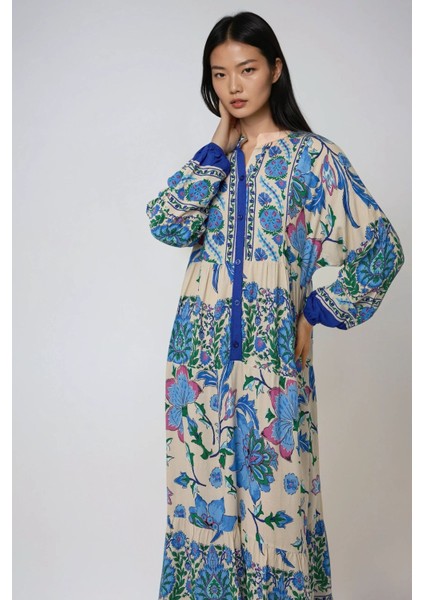 Kadın Gömlek Yaka Desenli Modest Elbise Blue modelleri
