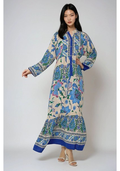 Kadın Gömlek Yaka Desenli Modest Elbise Blue fırsatları