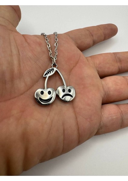 Sad And Happy (Mutlu ve Mutsuz ) Cherry Desen Unisex Kolye – Metal Zincirli Renkli Tasarım Takı