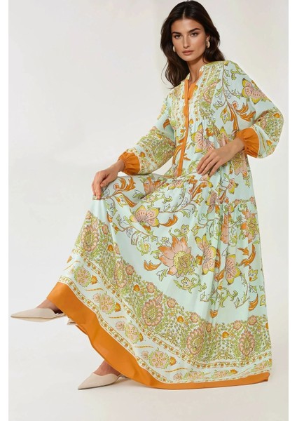 Kadın Baskılı Uzun Kol Viskon Modest Elbise Parlak Turuncu