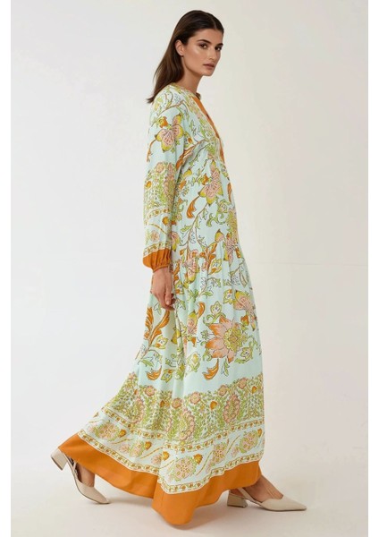 Kadın Baskılı Uzun Kol Viskon Modest Elbise Parlak Turuncu indirimleri