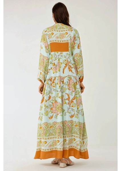 Kadın Baskılı Uzun Kol Viskon Modest Elbise Parlak Turuncu