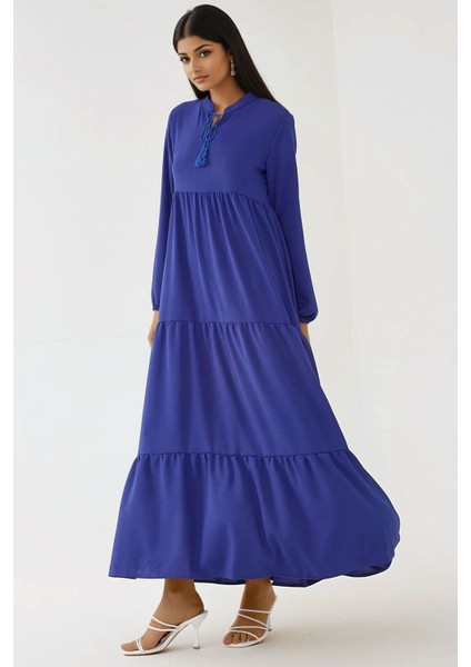 Kadın Dokulu Bağlama Detaylı Bisiklet Yaka Modest Elbise Fas Mavisi