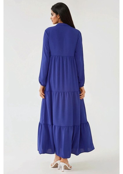 Kadın Dokulu Bağlama Detaylı Bisiklet Yaka Modest Elbise Fas Mavisi fırsatları