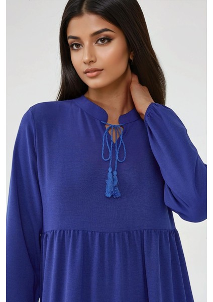 Kadın Dokulu Bağlama Detaylı Bisiklet Yaka Modest Elbise Fas Mavisi indirimleri