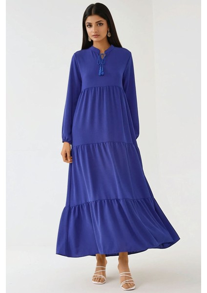 Kadın Dokulu Bağlama Detaylı Bisiklet Yaka Modest Elbise Fas Mavisi