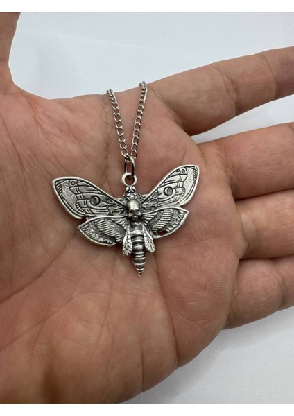 Skull Moth Desen Unisex Kolye | Kafatası Güvesi Tasarım | Gotik Stil | Metal Zincir