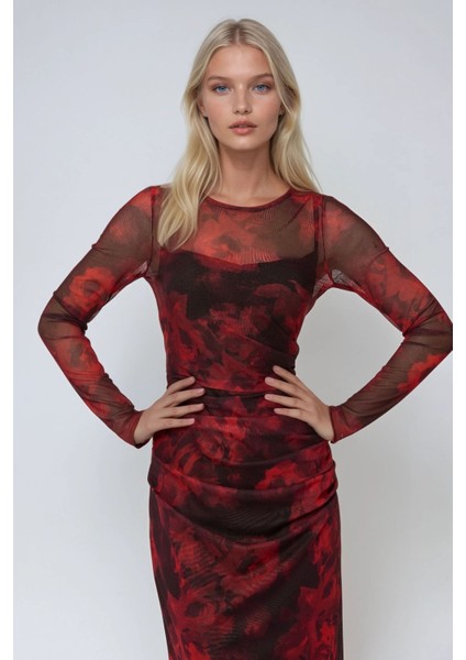 Kadın Çiçek Desenli Bodycon Maxi Tül Elbise Kırmızı modelleri