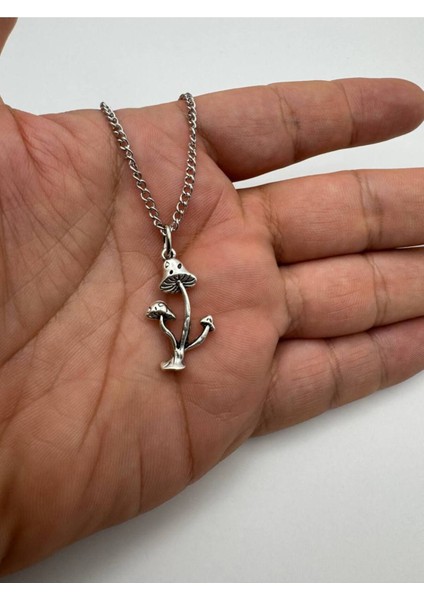 Mushroom Kolye – Mantar Desen Unisex Kolye – Metal Zincirli