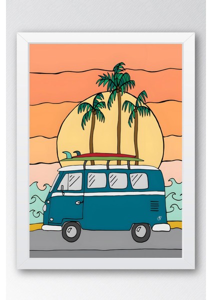 Volkswagen Minibüs ile Plaja Yolculuk Çerçeveli Tablo - Pop Art Poster Tablo
