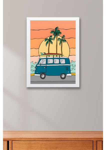 Volkswagen Minibüs ile Plaja Yolculuk Çerçeveli Tablo - Pop Art Poster Tablo fiyatları