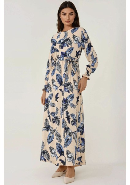 Kadın Çiçek Desenli Uzun Kol Kuşaklı Örme Modest Elbise Natural modelleri