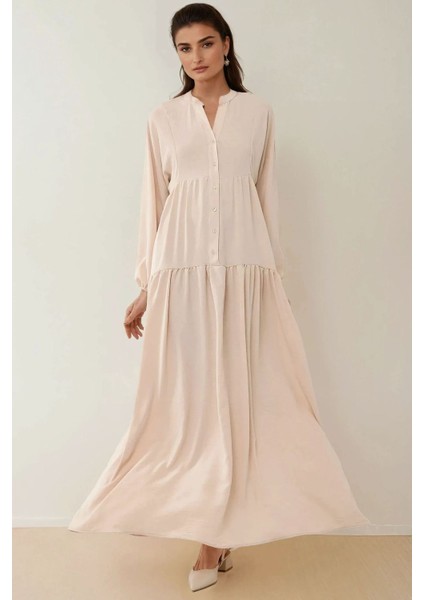 Kadın Düğme Detaylı Dokulu Uzun Kol V Yaka Modest Elbise Natural modelleri