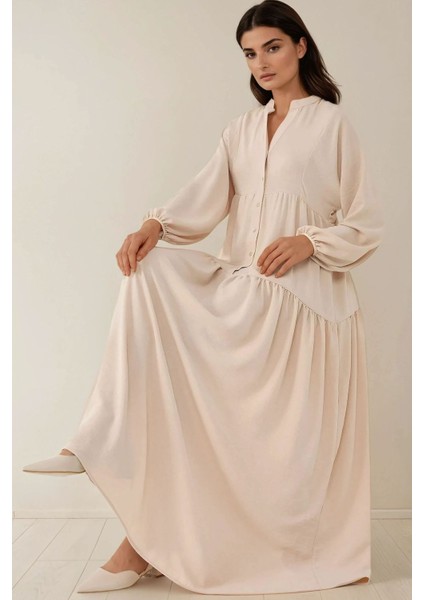 Kadın Düğme Detaylı Dokulu Uzun Kol V Yaka Modest Elbise Natural fırsatları