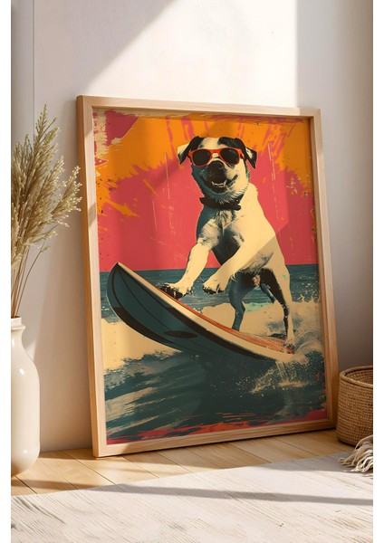 Sörf Yapan Köpek Çerçeveli Tablo - Pop Art Poster Tablo