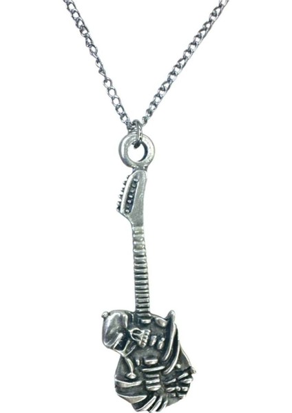 Gitar ve Kuru Kafa Temalı Metal Rock Kolye – Unisex - Metal Zincir