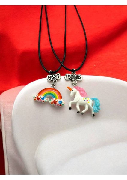 Unicorn At ve Gökkuşağı Desen Best Friends Arkadaşlık Kolyesi – 2'li Set