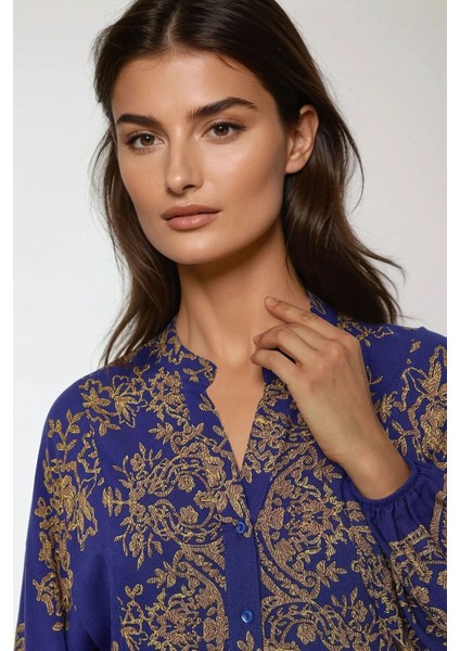 Kadın Gömlek Yaka Desenli Viskon Modest Elbise Blue modelleri