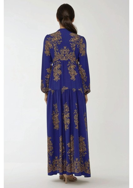 Kadın Gömlek Yaka Desenli Viskon Modest Elbise Blue indirimleri