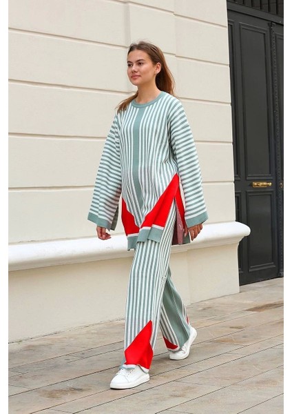 Çizgili Bisiklet Yaka Triko Takım Mint modelleri